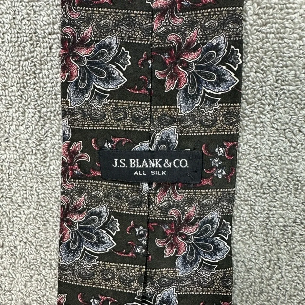 JS Blank & Co Mens Silk Tie Green Burgundy Floral Paisley Pattern Vintage 4 inch